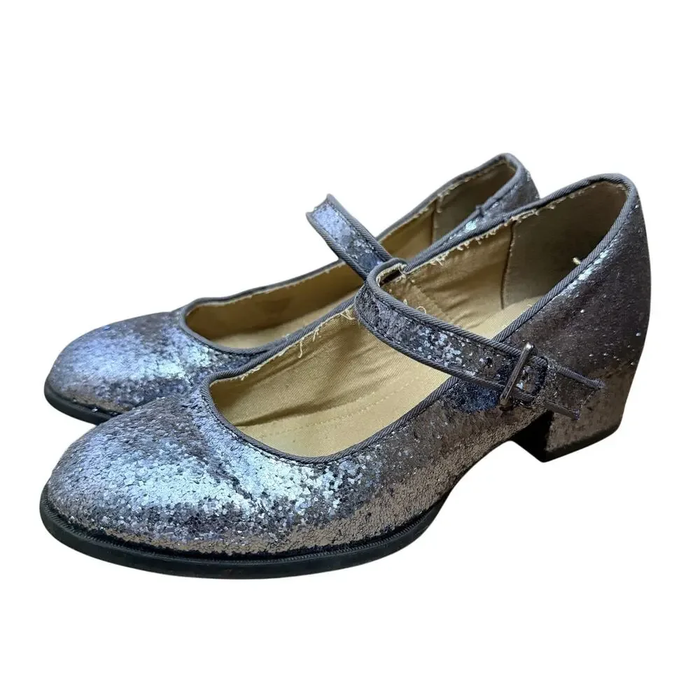 Old Navy Girls High Heel Mary Jane Dress Shoes Silver Glitter Buckle Strap Sz 3